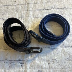 LOT OF TWO STRETCH BELTS COVERED BUCKLES NAVY & CHOCOLATE BROWN SIZE XL UNISEX